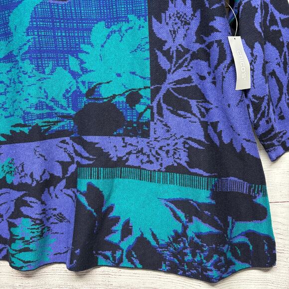 NWT Chico's size 3 (XL/16) Blue Teal Floral Print Knit Tunic Sweater 3/4 Sleeve - Picture 3 of 9